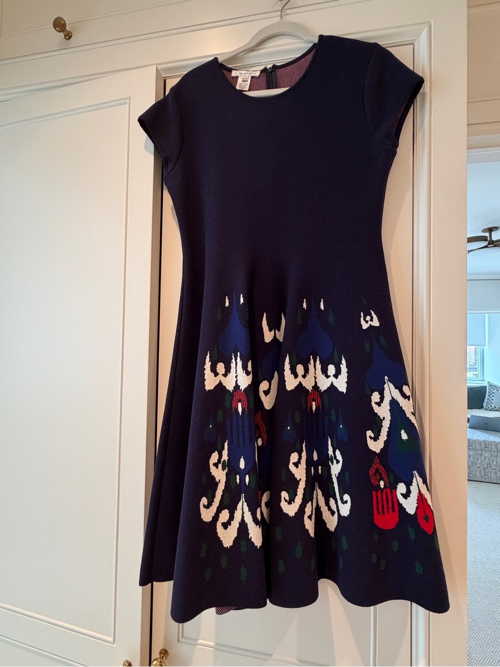 Oscar de la Renta Navy Blue Patterned Fit-and-Flare Dress